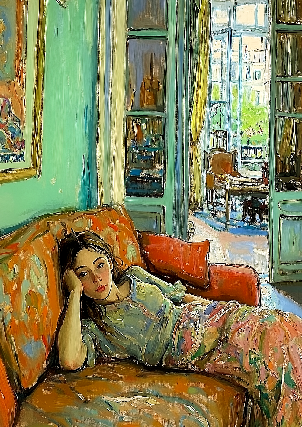 Painting of a woman lying on a colorful sofa in a bright room with books and a window.